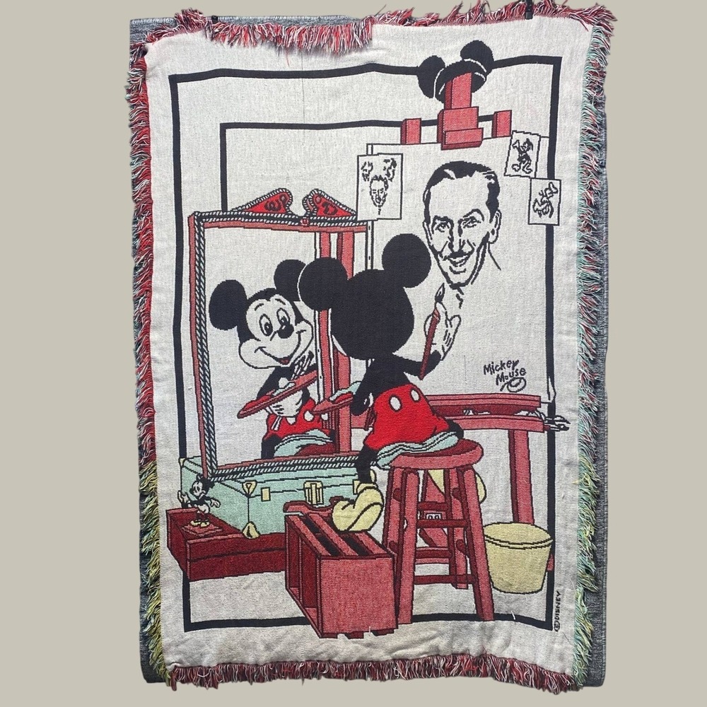 VTG Disney Mickey Mouse Walt Disney Norman Rockwell Woven Tapestry Throw Blanket